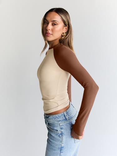 Trendy Queen Women's Long Sleeve Shirts Slim Fit Stretchy Color Block Slightly Cropped Tops