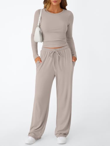 Trendy Queen Women's 2 Piece Matching Lounge Set Long Sleeve Slightly Crop Top Wide Leg Pants Casual Sweatsuit