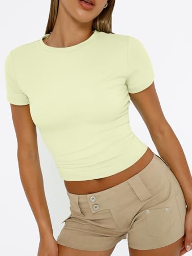 Trendy Queen Womens Short Sleeve T Shirts Summer Crop Tops Basic Slim Fit Gym Workout Y2k Clothes