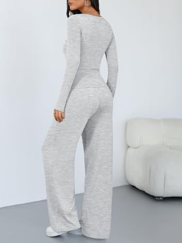 Trendy Queen Women's 2 Piece Matching Lounge Sets Long Sleeve Henley Neck Slightly Crop Top Wide Leg Pants Casual Sweat Suit