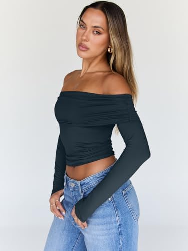 Trendy Queen Women Long Sleeve Shirts Off Shoulder Tops Going Out Crop Sexy Slim Fitted Y2K Fall Outfits 2025 Fashion Clothes