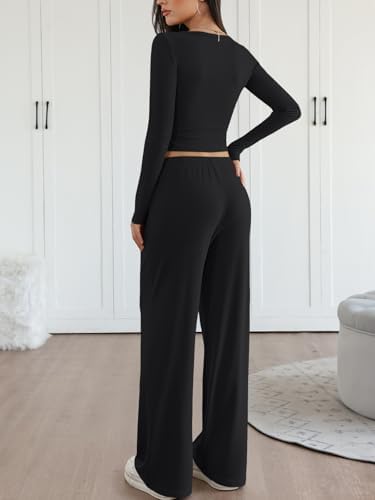 Trendy Queen 2 Piece Matching Lounge Sets for Women Fall Fashion 2025 Two Piece Outfits Henley Crop Tops Wide Leg Pants