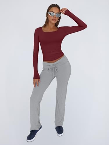 Trendy Queen Womens Long Sleeve Shirts Crop Tops Fall Fashion 2025 Square Neck Going Out Basics Tees Y2k Clothes