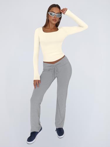 Trendy Queen Womens Long Sleeve Shirts Crop Tops Fall Fashion 2025 Square Neck Going Out Basics Tees Y2k Clothes