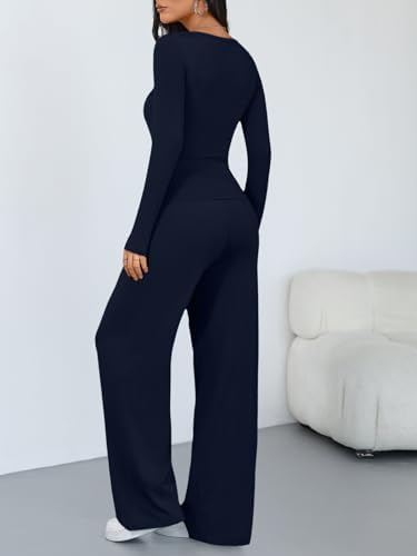 Trendy Queen Women's 2 Piece Matching Lounge Sets Long Sleeve Henley Neck Slightly Crop Top Wide Leg Pants Casual Sweat Suit