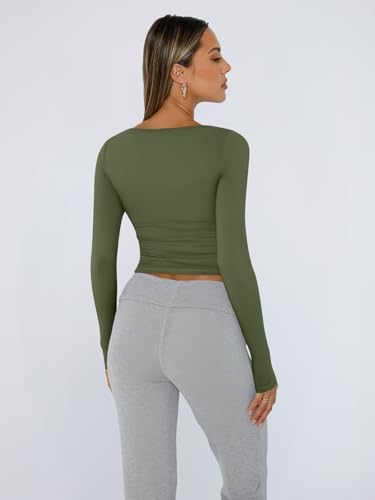 Trendy Queen Womens Long Sleeve Shirts Crop Tops Fall Fashion 2025 Square Neck Going Out Basics Tees Y2k Clothes