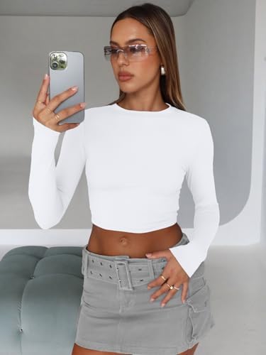 Trendy Queen Womens Long Sleeve Crop Tops Basic Slim Fitted Shirts Fashion 2025 Going Out Y2k Tops Teen Girl Clothes