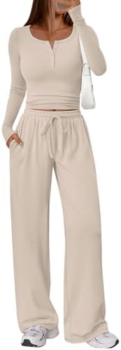 Trendy Queen Women's 2 Piece Matching Lounge Sets Long Sleeve Henley Neck Slightly Crop Top Wide Leg Pants Casual Sweat Suit
