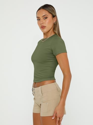 Trendy Queen Womens Short Sleeve T Shirts Summer Crop Tops Basic Slim Fit Gym Workout Y2k Clothes