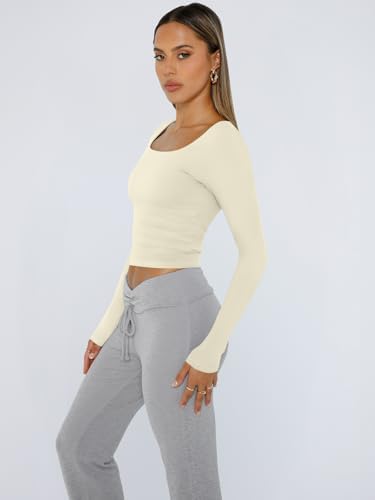 Trendy Queen Womens Long Sleeve Shirts Crop Tops Fall Fashion 2025 Square Neck Going Out Basics Tees Y2k Clothes