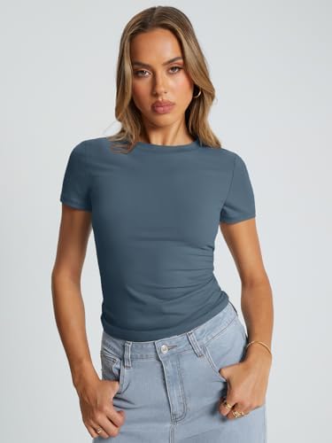 Trendy Queen Womens Basic T Shirts Summer Tops 2025 Crop Short Sleeve Slim Fit Tee Cute Gym Workout Clothes