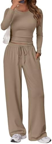 Trendy Queen Women's 2 Piece Matching Lounge Set Long Sleeve Slightly Crop Top Wide Leg Pants Casual Sweatsuit