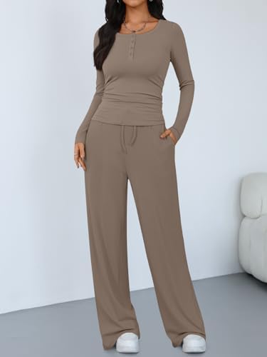 Trendy Queen Women's 2 Piece Matching Lounge Sets Long Sleeve Henley Neck Slightly Crop Top Wide Leg Pants Casual Sweat Suit