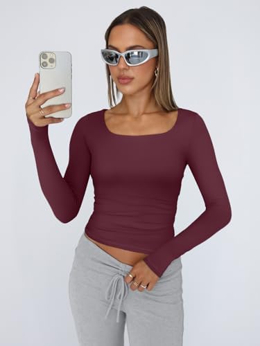 Trendy Queen Womens Long Sleeve Shirts Crop Tops Fall Fashion 2025 Square Neck Going Out Basics Tees Y2k Clothes
