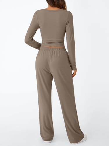 Trendy Queen Women's 2 Piece Matching Lounge Set Long Sleeve Slightly Crop Top Wide Leg Pants Casual Sweatsuit