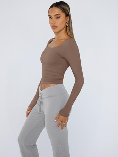 Trendy Queen Womens Long Sleeve Shirts Crop Tops Fall Fashion 2025 Square Neck Going Out Basics Tees Y2k Clothes