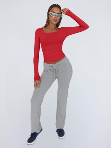 Trendy Queen Womens Long Sleeve Shirts Crop Tops Fall Fashion 2025 Square Neck Going Out Basics Tees Y2k Clothes
