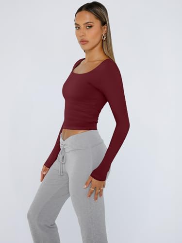 Trendy Queen Womens Long Sleeve Shirts Crop Tops Fall Fashion 2025 Square Neck Going Out Basics Tees Y2k Clothes
