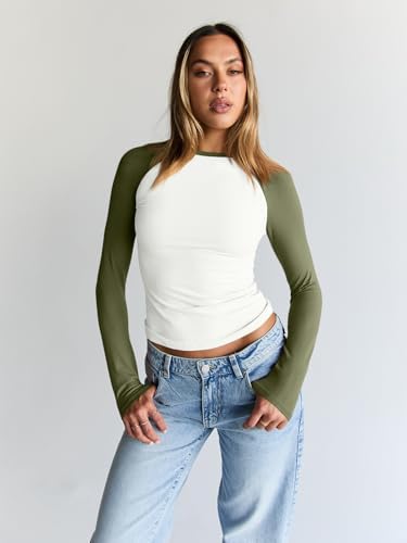 Trendy Queen Women's Long Sleeve Shirts Slim Fit Stretchy Color Block Slightly Cropped Tops
