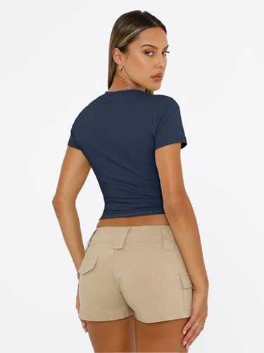 Trendy Queen Womens Short Sleeve T Shirts Summer Crop Tops Basic Slim Fit Gym Workout Y2k Clothes