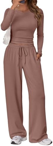 Trendy Queen Women's 2 Piece Matching Lounge Set Long Sleeve Slightly Crop Top Wide Leg Pants Casual Sweatsuit