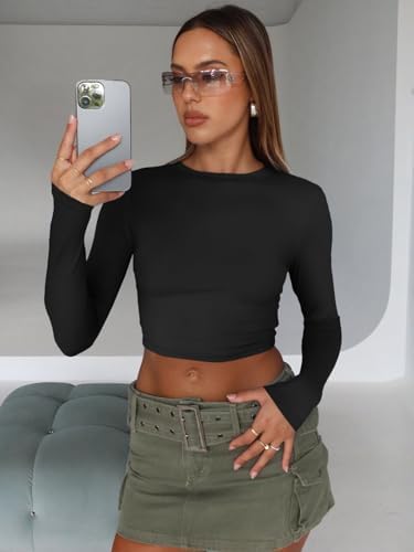 Trendy Queen Womens Long Sleeve Crop Tops Basic Slim Fitted Shirts Fashion 2025 Going Out Y2k Tops Teen Girl Clothes