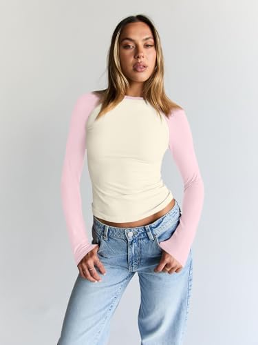 Trendy Queen Women's Long Sleeve Shirts Slim Fit Stretchy Color Block Slightly Cropped Tops