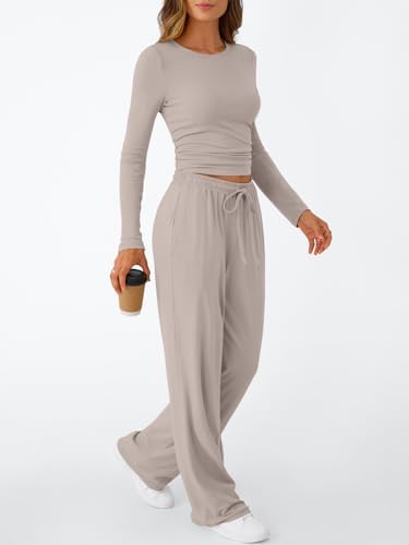 Trendy Queen Women's 2 Piece Matching Lounge Set Long Sleeve Slightly Crop Top Wide Leg Pants Casual Sweatsuit