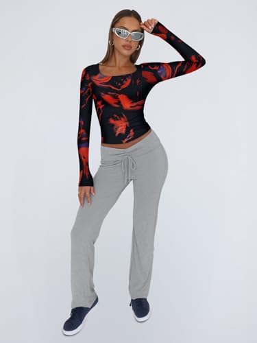 Trendy Queen Womens Long Sleeve Shirts Crop Tops Fall Fashion 2025 Square Neck Going Out Basics Tees Y2k Clothes