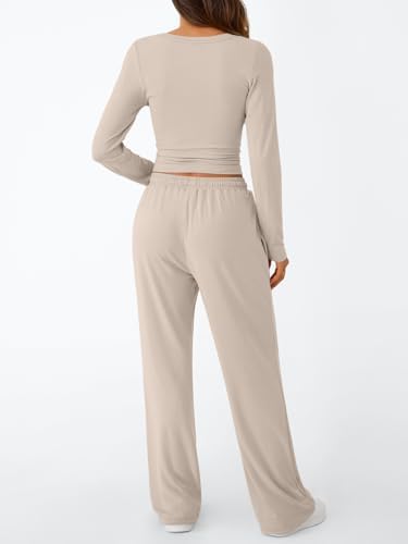 Trendy Queen Women's 2 Piece Matching Lounge Set Long Sleeve Slightly Crop Top Wide Leg Pants Casual Sweatsuit