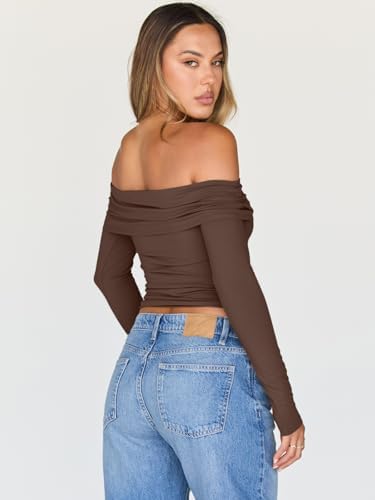 Trendy Queen Women Long Sleeve Shirts Off Shoulder Tops Going Out Crop Sexy Slim Fitted Y2K Fall Outfits 2025 Fashion Clothes