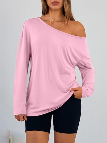 Trendy Queen Womens Off The Shoulder Tops Oversized Tshirts Long Sleeve 2025 Casual Basic Tees