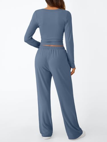 Trendy Queen Women's 2 Piece Matching Lounge Set Long Sleeve Slightly Crop Top Wide Leg Pants Casual Sweatsuit