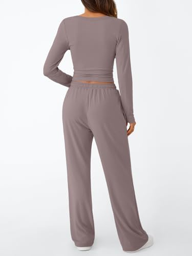 Trendy Queen Women's 2 Piece Matching Lounge Set Long Sleeve Slightly Crop Top Wide Leg Pants Casual Sweatsuit