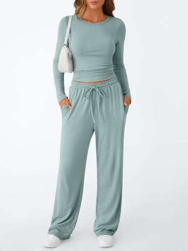 Trendy Queen Women's 2 Piece Matching Lounge Set Long Sleeve Slightly Crop Top Wide Leg Pants Casual Sweatsuit