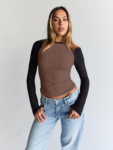 Trendy Queen Women's Long Sleeve Shirts Slim Fit Stretchy Color Block Slightly Cropped Tops