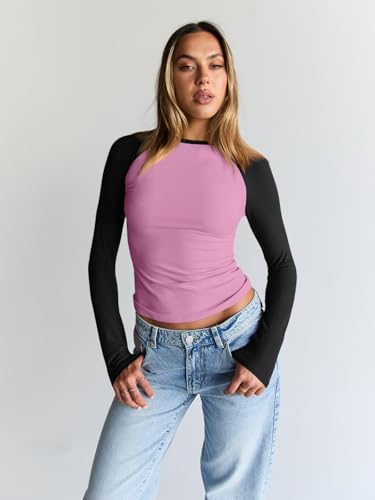 Trendy Queen Women's Long Sleeve Shirts Slim Fit Stretchy Color Block Slightly Cropped Tops