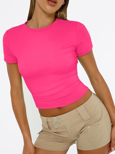 Trendy Queen Womens Short Sleeve T Shirts Summer Crop Tops Basic Slim Fit Gym Workout Y2k Clothes