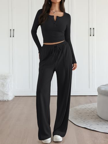 Trendy Queen 2 Piece Matching Lounge Sets for Women Fall Fashion 2025 Two Piece Outfits Henley Crop Tops Wide Leg Pants