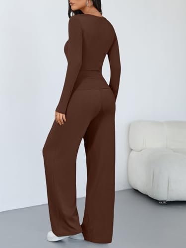 Trendy Queen Women's 2 Piece Matching Lounge Sets Long Sleeve Henley Neck Slightly Crop Top Wide Leg Pants Casual Sweat Suit