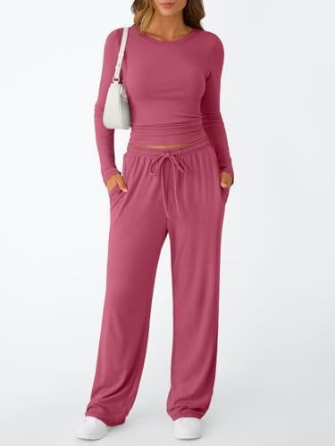 Trendy Queen Women's 2 Piece Matching Lounge Set Long Sleeve Slightly Crop Top Wide Leg Pants Casual Sweatsuit