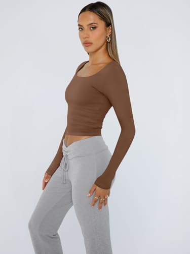 Trendy Queen Womens Long Sleeve Shirts Crop Tops Fall Fashion 2025 Square Neck Going Out Basics Tees Y2k Clothes