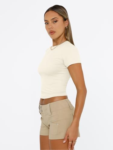 Trendy Queen Womens Short Sleeve T Shirts Summer Crop Tops Basic Slim Fit Gym Workout Y2k Clothes
