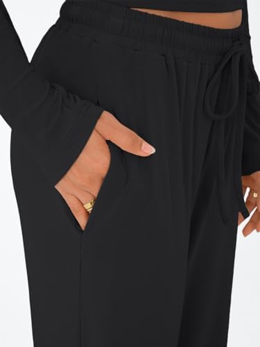 Trendy Queen Women's 2 Piece Matching Lounge Set Long Sleeve Slightly Crop Top Wide Leg Pants Casual Sweatsuit