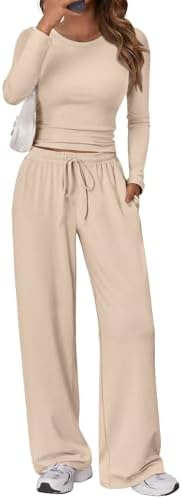 Trendy Queen Women's 2 Piece Matching Lounge Set Long Sleeve Slightly Crop Top Wide Leg Pants Casual Sweatsuit