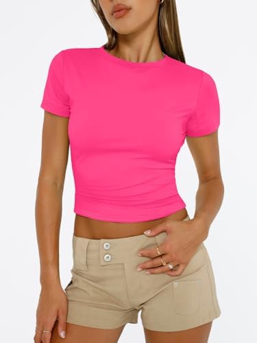 Trendy Queen Womens Short Sleeve T Shirts Summer Crop Tops Basic Slim Fit Gym Workout Y2k Clothes