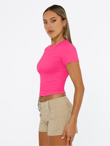 Trendy Queen Womens Short Sleeve T Shirts Summer Crop Tops Basic Slim Fit Gym Workout Y2k Clothes