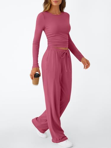 Trendy Queen Women's 2 Piece Matching Lounge Set Long Sleeve Slightly Crop Top Wide Leg Pants Casual Sweatsuit