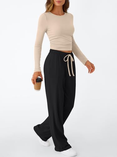 Trendy Queen Women's 2 Piece Matching Lounge Set Long Sleeve Slightly Crop Top Wide Leg Pants Casual Sweatsuit