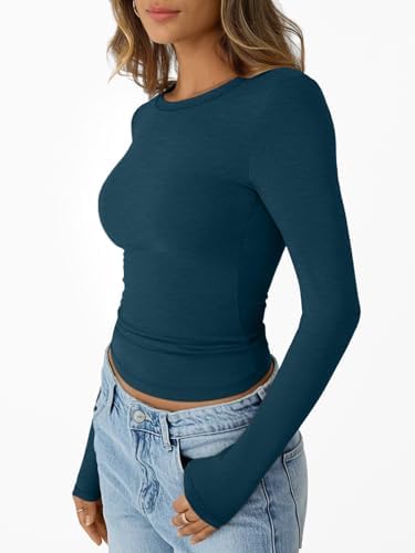 Trendy Queen Womens Long Sleeve T-Shirts Basic Crop Tops 2025 Fall Fashion Outfits Going Out Winter Clothes